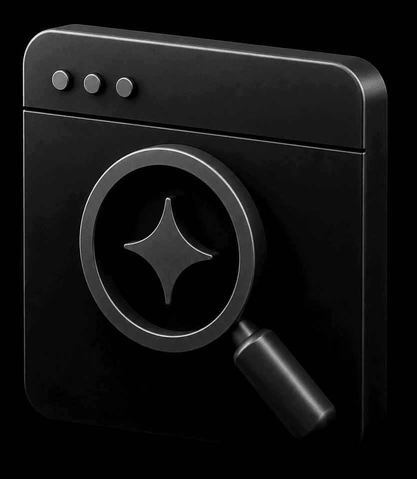 3D browser window with an AI search magnifier